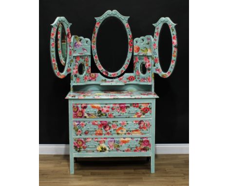 An 'Edwardian' dressing chest, later painted and decoupaged with colourful summer flowers, birds and butterflies, the superst