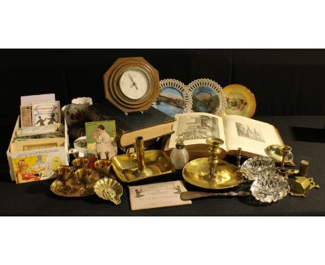 Boxes and Objects - a George III brass chamberstick; another; a silver mounted scent bottle, Birmingham 1904; an octagonal oa