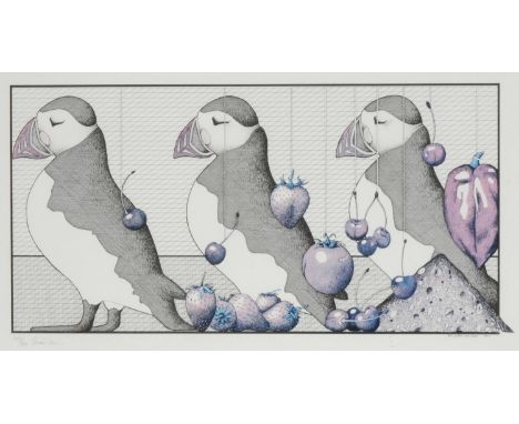 Simon Drew, Single Bird: Deep Waters, signed in pencil, limited edition print, 119/250, 48cm x 28cm; another, Fruit, Puffins 