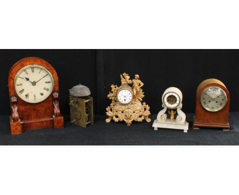 A 19th century walnut bracket clock, 40cm high, c.1860; a French alabaster mantel clock, c.1860; a French gilt metal mantel c