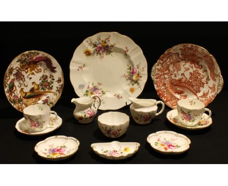 A Royal Crown Derby Posie pattern milk and sugar, pair of teacups and saucers; Olde Avesbury plates; etc 