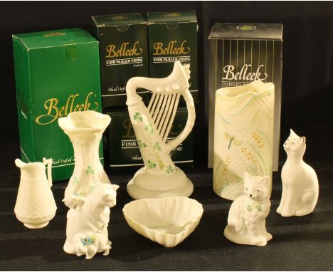 A Belleek Dragonfly pattern vase, 18cm, printed mark, boxed; others similar, a Harp, boxed; cats, etc (7) 