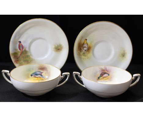 A pair of Royal Worcester hand painted soup dishes on stands, Game Bird pattern, including Pheasant, Wood Pigeon, Partridge, 