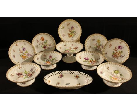 A Dresden part comport set, various sized pedestal dishes; etc 