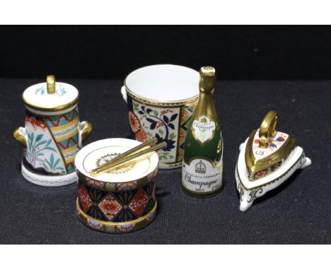 A Royal Crown Derby Imari palette miniature model of a milk churn and cover, 7cm, printed mark, second quality; others, Champ