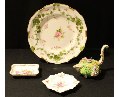 A Royal Crown Derby shaped circular plate, painted with pink rosebuds within an apple green garlanded border, 22cm, printed m