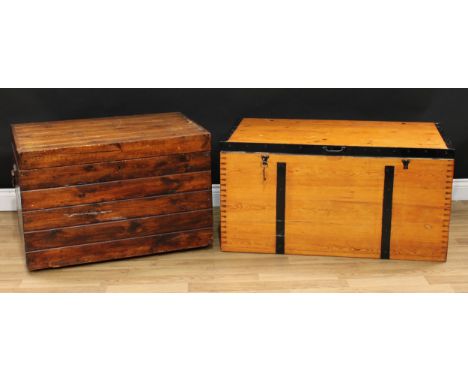 A metal-bound pine chest or trunk, 52cm high, 101.5cm wide, 55.5cm deep; another, 54.5cm high, 83cm wide, 55cm deep (2) 