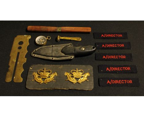 Boxes and Objects - military badges; a cased knife and fork; a compass; a sheath knife; etc 