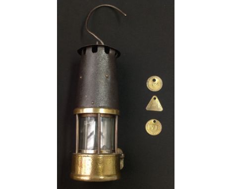 British Miners Davy Lantern. Makers marked "The Protector Lamp and Lighting Ltd, Eccles" along with Prestwick patent plus die
