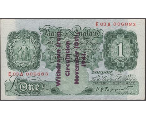 Bank of England, Kenneth O. Peppiatt, Guernsey Overprint, £1, 1941, serial number E03A 006883, ‘withdrawn from circulation NO
