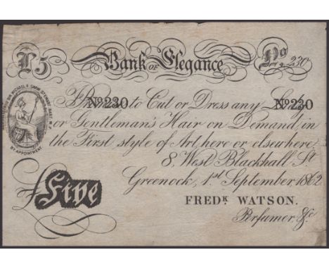 Bank of Elegance, 8, West Blackhall St, Greenock, £5, 1 September 1862, serial number 230, promising to ‘Cut or Dress any Lad