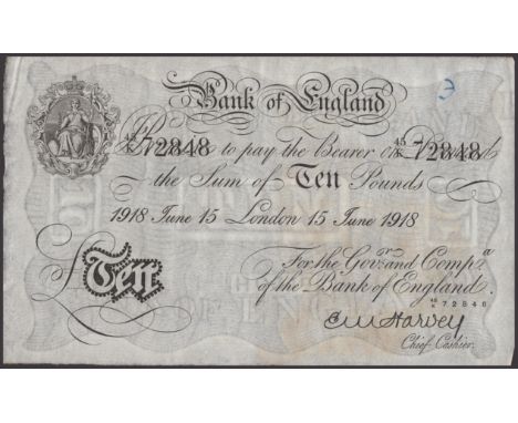 Bank of England, Ernest M. Harvey, £10 (3), London, 15 June 1918, consecutive serial numbers 45/K 72848-50, first with small 