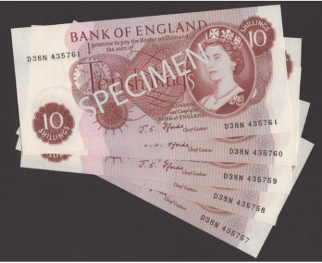 Bank of England, John S. Fforde, 10 Shillings, (5) 15 February 1967, serial numbers D38N 435757-61, light central folds, othe
