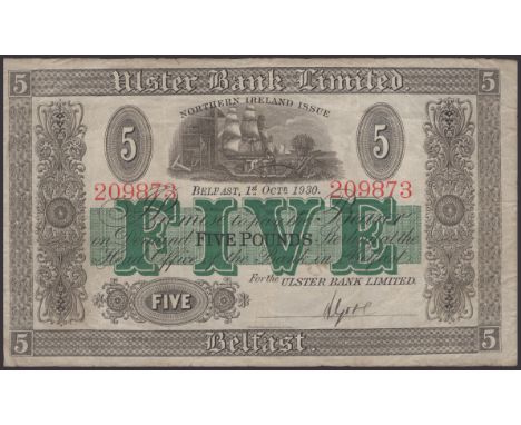 Ulster Bank Limited, £5, 1 October 1930, serial number 209873, manuscript Gore signature, small ink numerals on reverse, an a