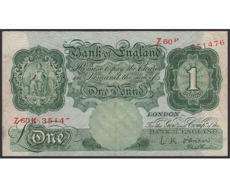 ERROR: Bank of England, Leslie K. O’Brien, £1, 21 November 1955, serial number Z60K 351476, both serial numbers printed incor
