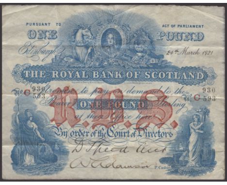 Royal Bank of Scotland, £1, 14 May 1926, serial number C 930/593, Speed and one additional manuscript signature, exceptionall