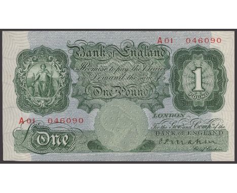 Bank of England, Cyril P. Mahon, £1, 22 November 1928, serial number A01 04090, beautiful embossing, uncirculated, consecutiv