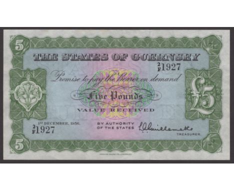 States of Guernsey, £5, 1 December 1956, serial number 2/F 1927, Guillemette signature, completely original, paper light crin