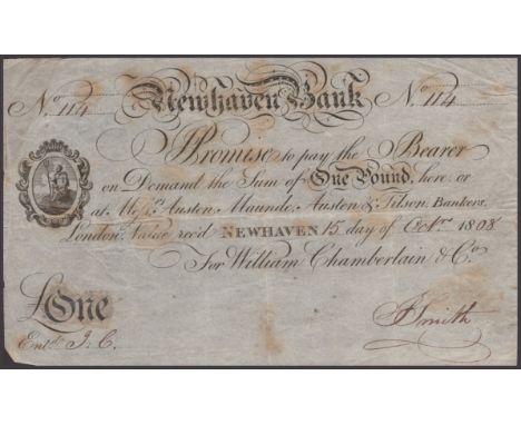 Newhaven Bank, for William Chamberlain & Co, £1, 15 October 1808, serial number 114, Smith signature, light foxing, a lovely 