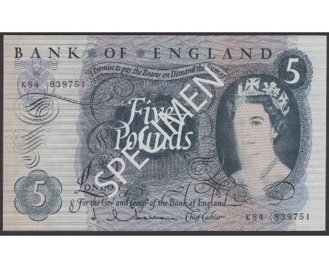 ERROR: Bank of England, Jasper Q. Hollom, £5, 21 February 1963, serial number K84 839751, printing flaw at right on portrait,