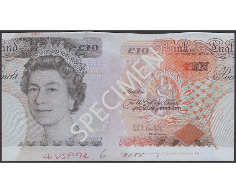 Bank of England, Graham E. A. Kentfield, polymer trial for £10, 1993 (1994), no serial number, deliberately miscut, biro anno