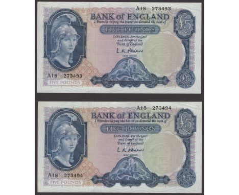Bank of England, Leslie K. O’Brien, £5 (2), 21 February 1957, serial numbers A18 273493-94, good extremely fine and a consecu