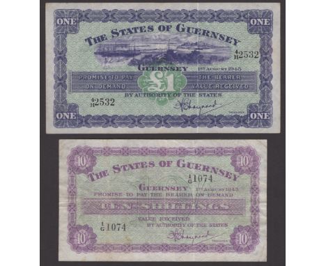 States of Guernsey, 10 Shillings, 1 August 1945, serial number 1/G 1074 £1, 1 August 1945, serial number 4/H 2532, Marquand s
