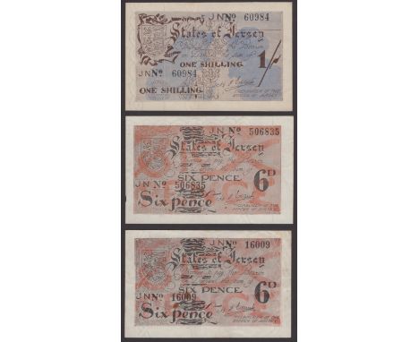 States of Jersey, 6 Pence (2), ND (1942), serial number 16009 and 56835, 1 Shilling, ND (1942), serial number 60984, first 6 