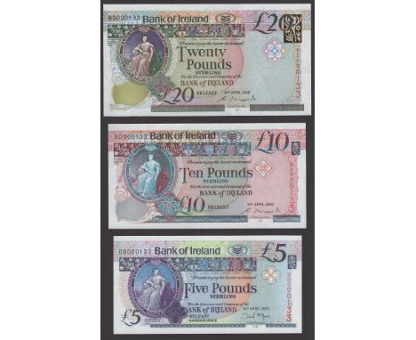 Bank of Ireland, £5, £10 and £20, 20 April 2008, all serial number BD000133, first McGowan signature, last two Kirkpatrick si