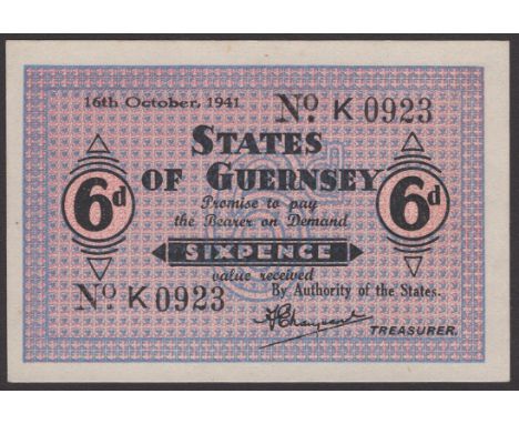 States of Guernsey, 6 Pence, 16 October 1941, serial number K 0923, Marquand signature, uncirculated, a superb example  GPM G