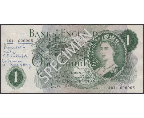 Bank of England, Leslie K. O’Brien, £1, 17 March 1960, serial number A01 000005, ink annotation in left field ‘Presented to m