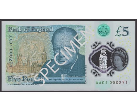 Bank of England, Victoria Cleland, £5, September 2016, serial number AA01 000271, uncirculated, a nice low number from the fi