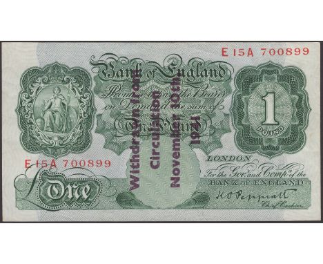 Bank of England, Kenneth O. Peppiatt, Guernsey Overprint, £1, 1941, serial number E15A 700899, ‘withdrawn from circulation NO