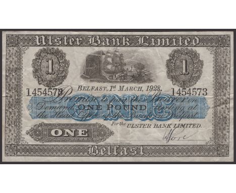Ulster Bank Limited, £1, 1 March 1928, serial number 1454573, manuscript Gore signature, lovely clean and original very fine 