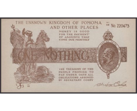 The Unknown Kingdom of Pomona and Other Places, a skit note in the style of a  Treasury £1 for the dual denominations of ‘one