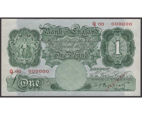Bank of England, Kenneth O. Peppiatt, specimen £1, serial number Q00 000000, small red SPECIMEN overprint, staple hole, light