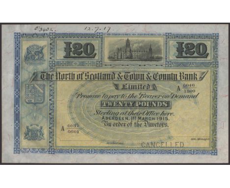 North of Scotland & Town & County Bank Limited, printers archival specimen £20, 1 March 1915, serial number range A 0037/0001