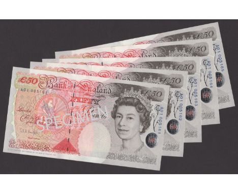 Bank of England, Graham E. A. Kentfield, £50 (5), 20 April 1994, serial number A01 005161-65, uncirculated and relatively low