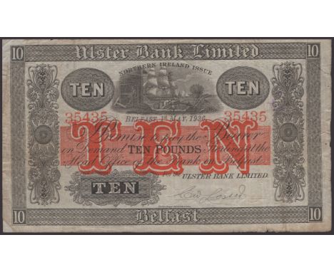 Ulster Bank Limited, £10, 1 May 1936, serial number 35435, manuscript Lester signature, pinholes, graffiti on reverse, good f