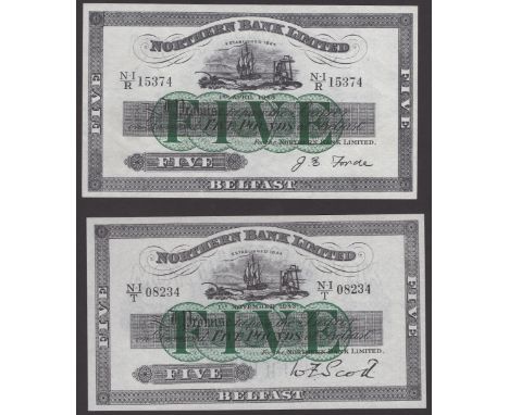 Northern Bank Limited, £5, 1 August 1943, serial number N-I/T 08234, Scott signature, 1 April 1943, N-I/R 15374, Forde signat