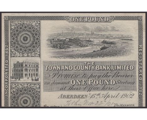 The Town and County Bank, Limited, partial proof £1, 15 April 1902, no serial numbers or signatures, lower portion of note re