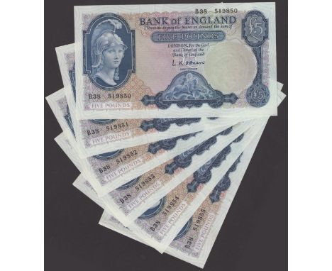 Bank of England, Leslie K. O’Brien, £5 (6), 21 February 1957, serial numbers B38 519850-55, original good extremely fine exam