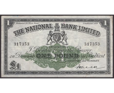 The National Bank Limited, £1, 1 August 1933, serial number 317353, Green signature, biro graffiti on reverse, 10mm tear in l
