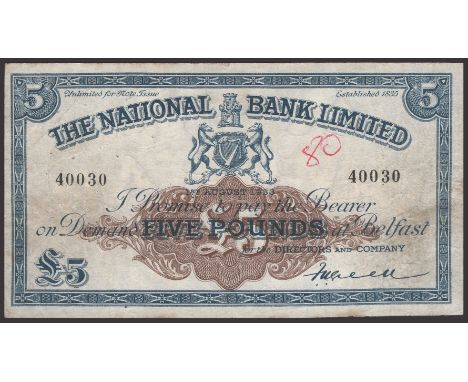 The National Bank Limited, £5, 1 August 1933, serial number 40030, Green signature, biro on obverse, pinholes, pressed fine, 