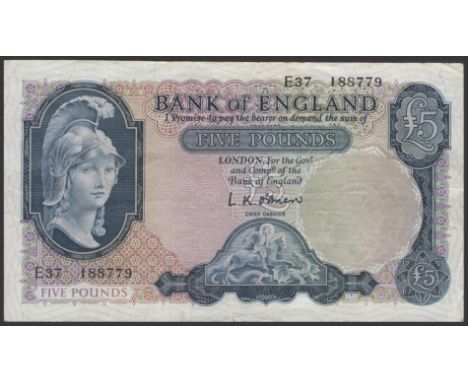 Bank of England, Leslie K. O’Brien, £5, 21 February 1957, serial number E37 188779, ink numeral on reverse, 2mm tear in low m