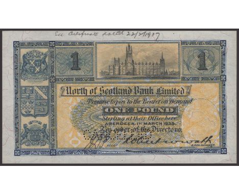 North of Scotland Bank Limited, specimen £1, 1 March 1935, no serial number, Watt signature, CANCELLED perforation, pencil an