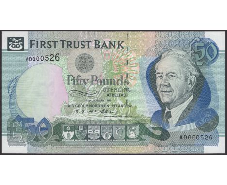 First Trust Bank, £50, 10 January 1994, serial number AD000526, McElroy signature, uncirculated and a fairly low number PMI F
