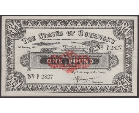 States of Guernsey, £1, 1 January 1943, serial number S/1 2827, Marquand signature, one light horizontal and one vertical fol
