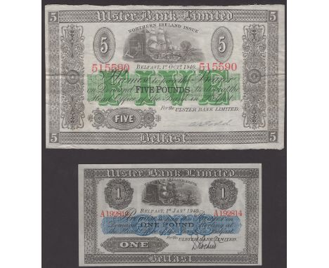 Ulster Bank Limited, £1, 1 January 1940, serial number A192814, manuscript Lockheed signature, £5, 1 October 1940, serial num