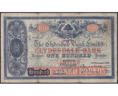 Clydesdale Bank Limited, £100, 23 February 1938, serial number F/R 0000222, Mitchell and Young printed signatures, graffiti n